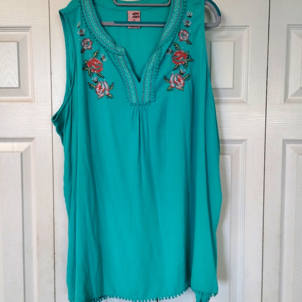- Embroidered Turquoise Sleeveless Top